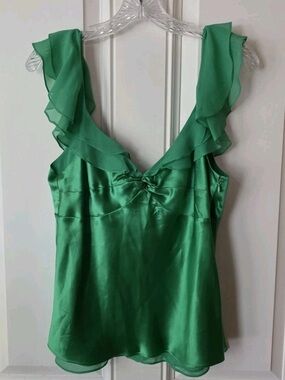 BCBG Maxazria Green Silk Ruffle Tank Top Sleeveless Dressy Blouse Party Size M
